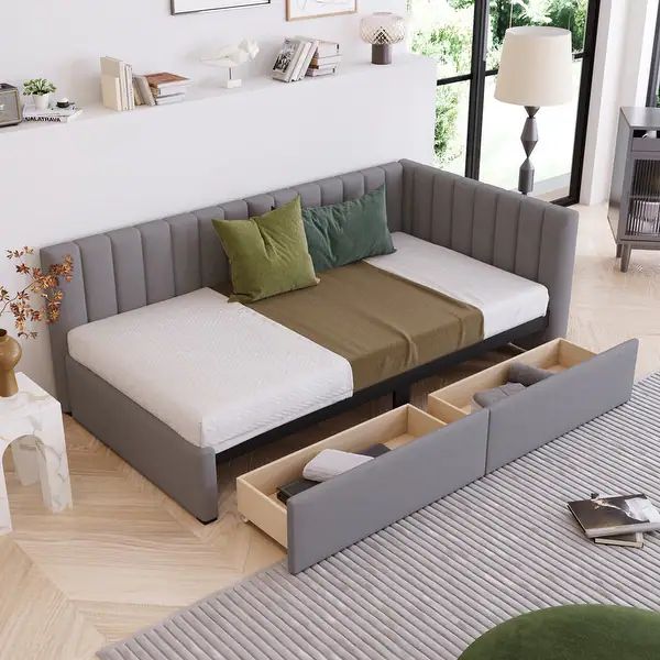 Twin Size Linen Upholstered Daybed with 2 Storage Drawers - Grey | Bed Bath & Beyond