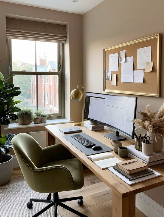 The modern home office has changed.

Bulky desks and oversized filing drawers are slowly disappearing.

Today's workspace is cleaner, lighter, and designed around how we actually work.

Start with a simple natural wood desk.

Wood brings warmth and grounding energy into a room where we spend hours creating, learning, and building.

Pair it with a comfortable velvet office chair. Velvet isn't just beautiful, it's soft, supportive, and adds a touch of luxury to the place where you spend the most productive hours of your day.

Then add one feature we recommend in every office: a gold-framed cork board.

Your goals, ideas, reminders, sketches, and inspirations deserve a beautiful place, not hidden away in a drawer. It keeps your priorities visible while adding warmth and elegance to the wall.

Finish the space with an ultra-wide monitor, a modern task lamp, and a touch of greenery.

Simple. Functional. Beautiful.

The best home offices don't have more furniture. They have better furniture.

We've linked our favorite natural wood desks, velvet office chairs, gold-framed cork boards, and office accessories so you can create this look.

Elegance is about taste, not about square footage.

#HomeOffice #WorkspaceDesign #HomeOfficeDecor #elegantanddriven 

 #LTKHome