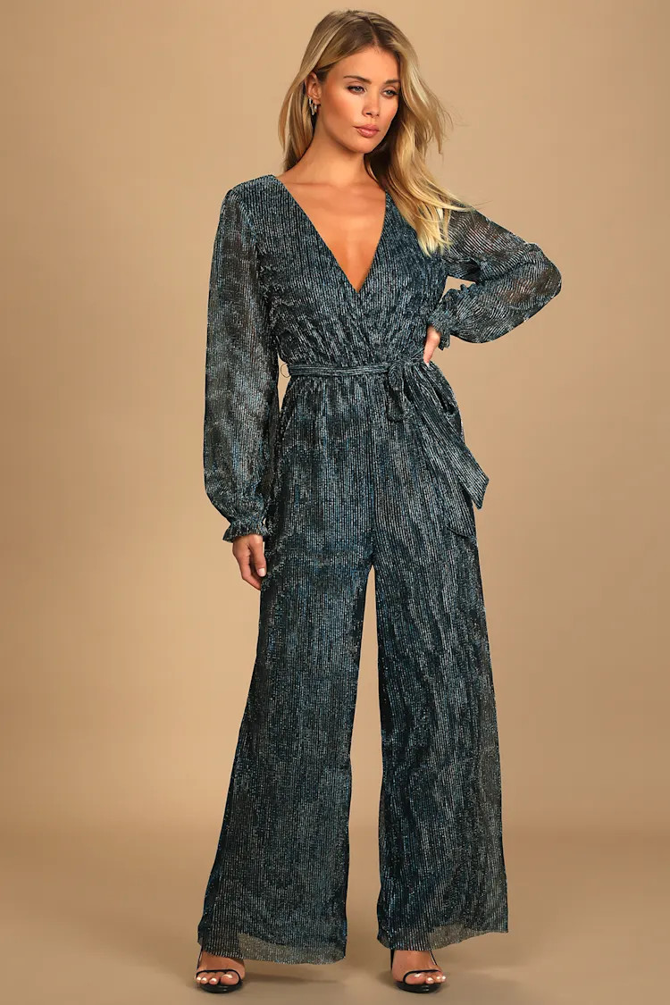 Made to Mingle Teal Metallic Long Sleeve Wide-Leg Jumpsuit | Lulus (US)