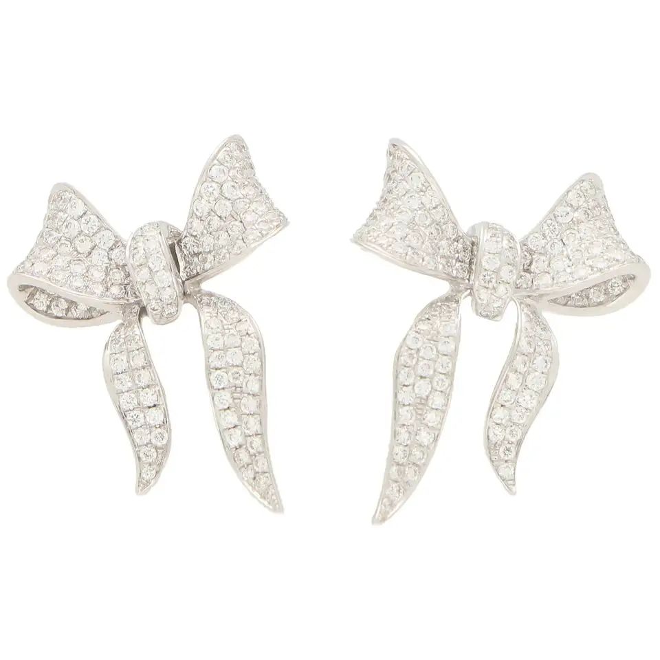 Diamond Ribbon Bow Stud Earrings Set in 18 Karat White Gold | 1stDibs