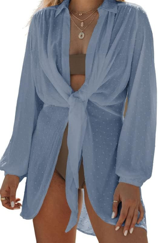 Dokotoo Womens Summer Beach Cover Up Open Front Long Sleeve Tie Knot Swiss Dot Kimono Cardigans | Amazon (US)