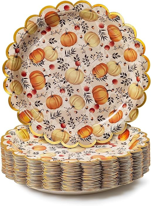 Thanksgiving Paper Plates, 50-Count Fall-Themed Decorative Disposable Serving Plates, Cream, Gold... | Amazon (US)
