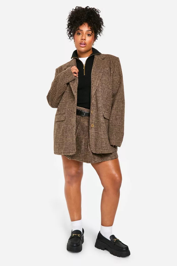 Plus Wool Look Check Double Breasted Blazer | boohoo (US & Canada)