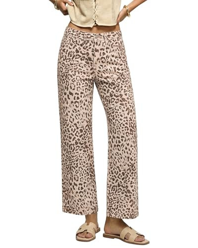 luvamia Wide Leg Jeans Woman Trendy High Waisted Leopard Cheetah Print Ankle Length Stretchy Denim Pants with Pockets Sandshell Leopard Size Medium US Size 8 10 | Amazon (US)