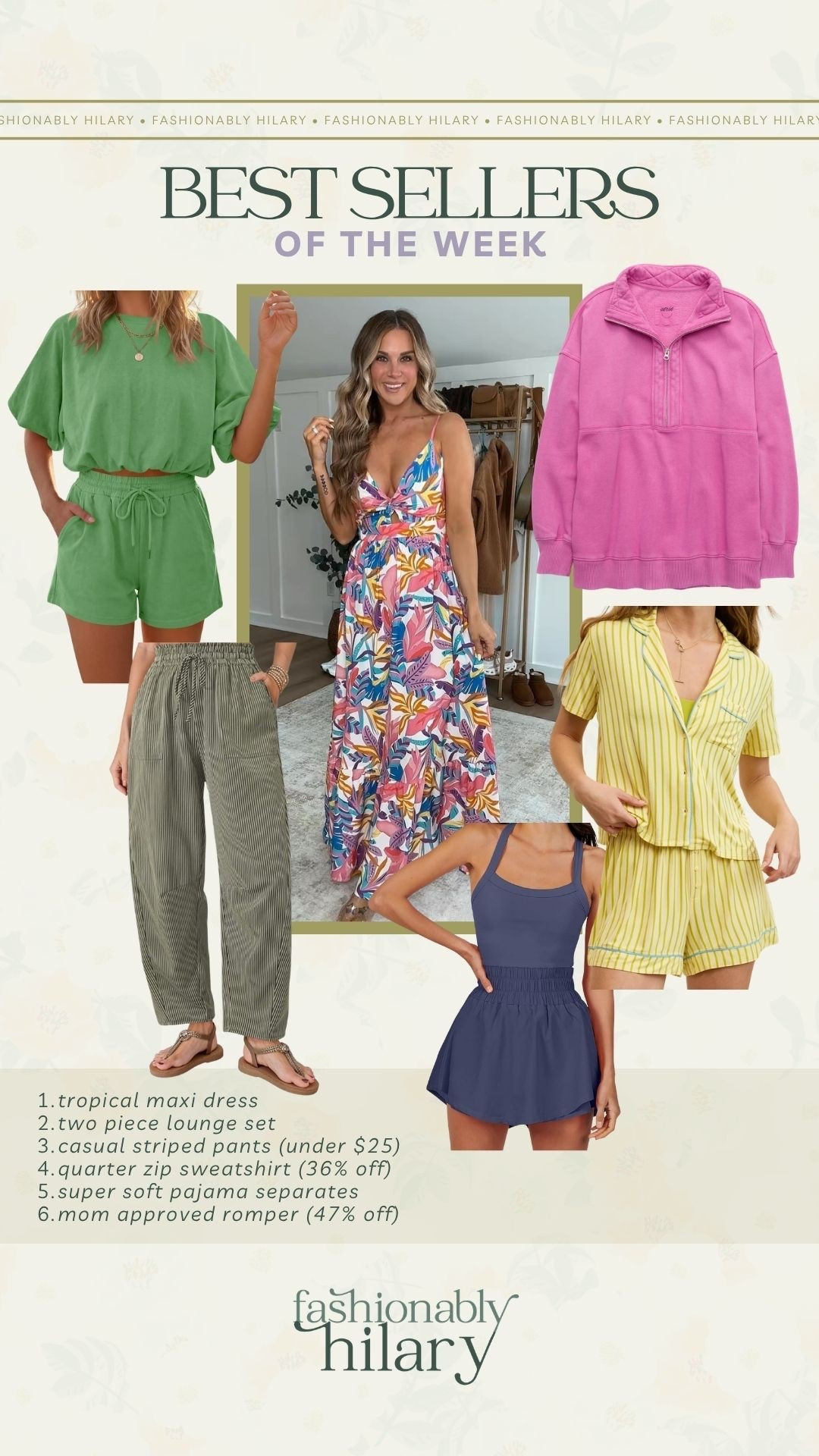 Bestsellers of the week giving major spring vibes:
Cupshe tropical maxi dress 
two piece lounge set 
Amazon casual striped pants (under $25)
Aerie quarter zip sweatshirt (36% off)
Aerie super soft pajama separates 
Amazon mom approved romper (47% off)

#LTKMidsize #LTKSeasonal #LTKSaleAlert