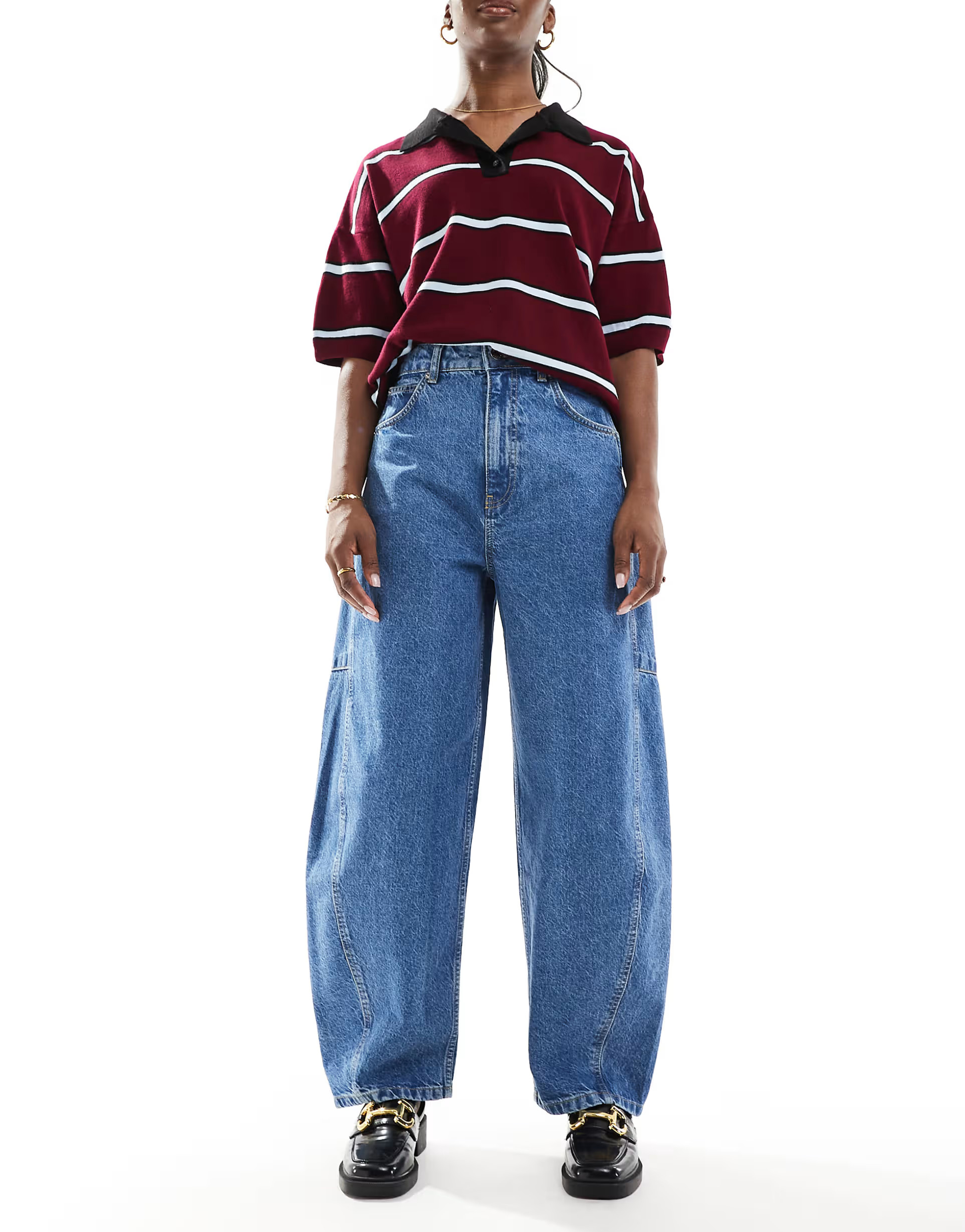 ASOS DESIGN barrel leg jean with seam detail in clean mid blue | ASOS (Global)