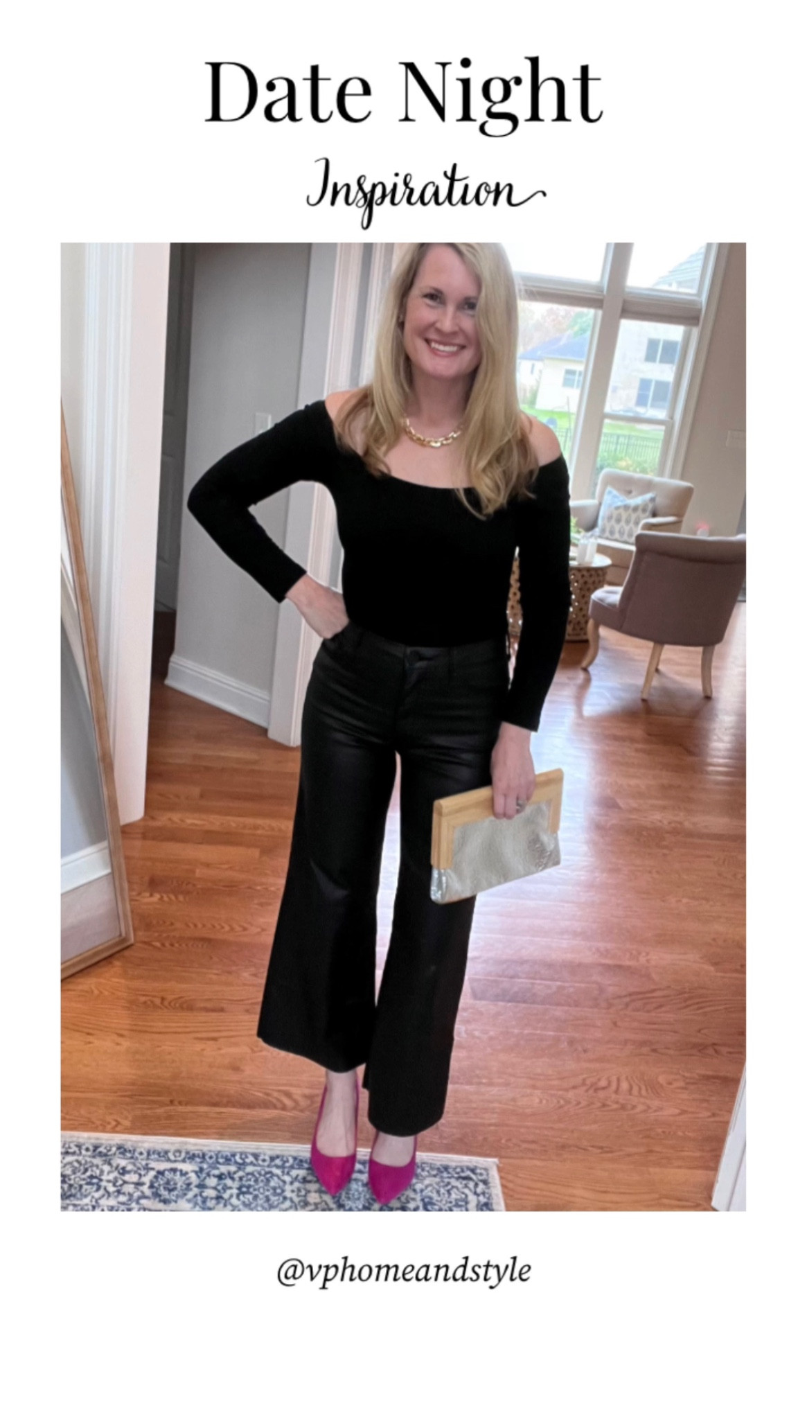 Sharing more details of this date night look! I added fun pink shoes to brighten up the all black look 💕 Add some red shoes and it becomes a holiday outfit! 🙌🏻 

Date night outfit, girls’ night out, GNO, coated denim, wide leg denim, pink heels, holiday outfit, festive 

#LTKHoliday #LTKstyletip #LTKshoecrush