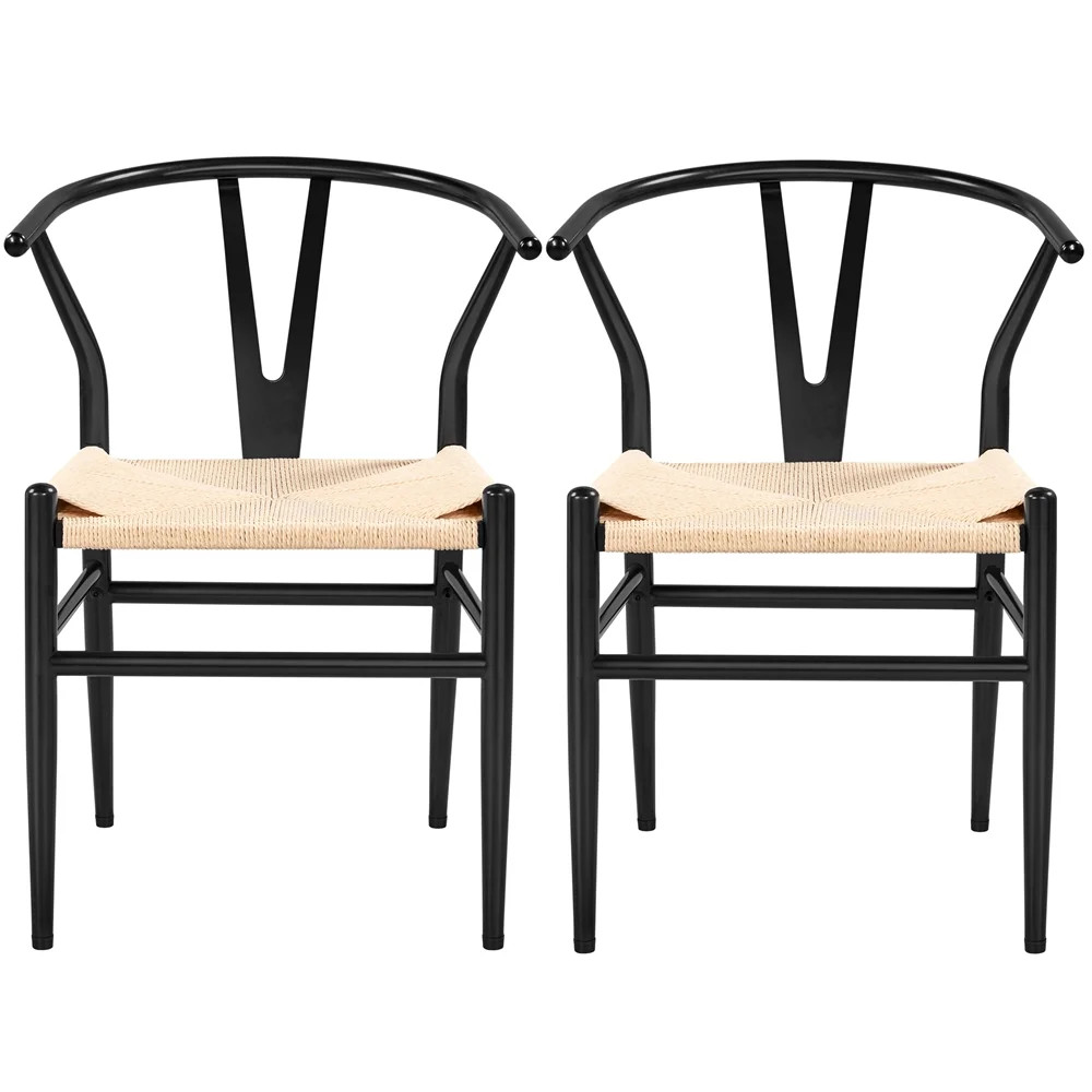 Alden Design Mid-Century Metal Dining Chairs with Woven Hemp Seat, Set of 2, Black | Walmart (US)