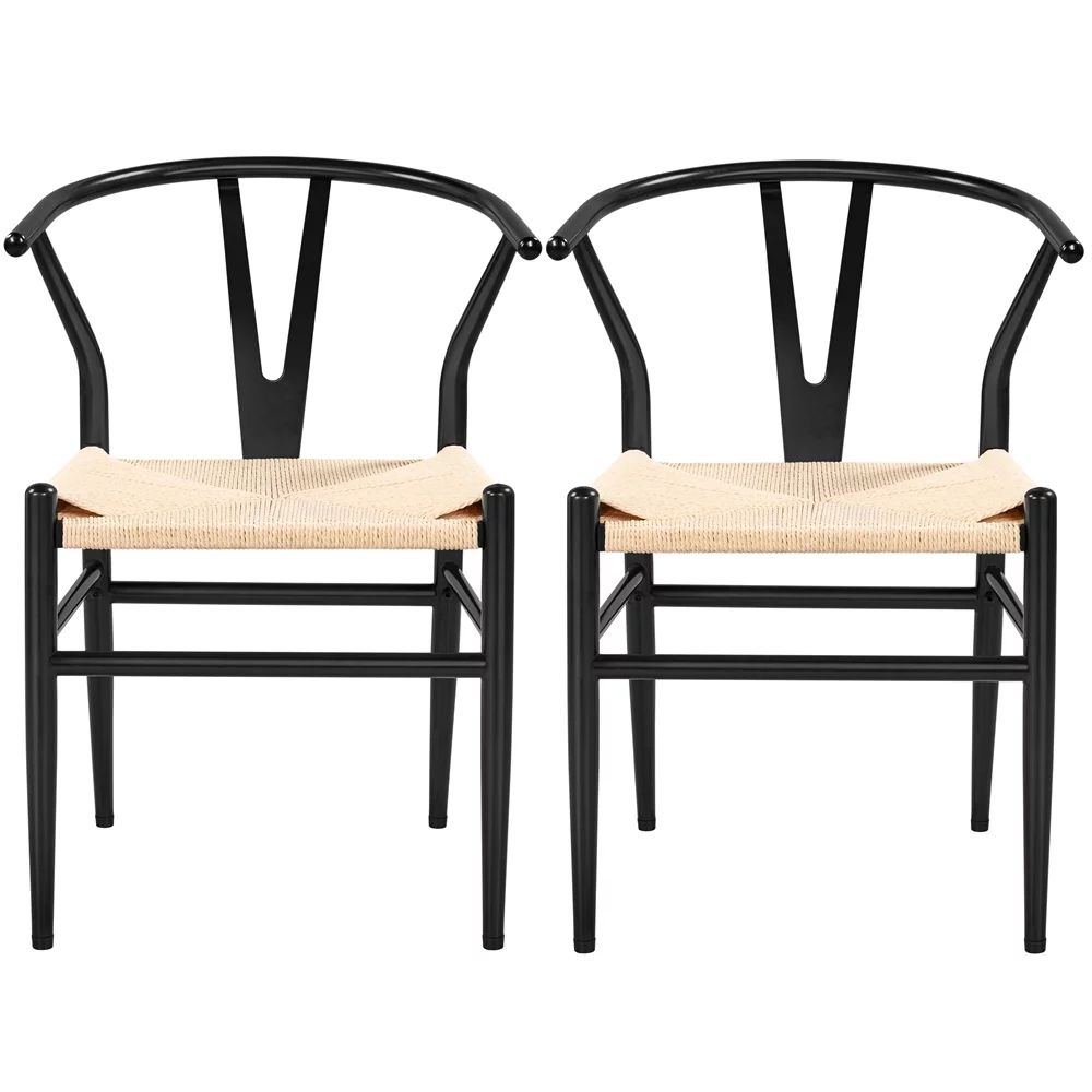 Alden Design Mid-Century Metal Dining Chairs with Woven Hemp Seat, Set of 2, Black | Walmart (US)