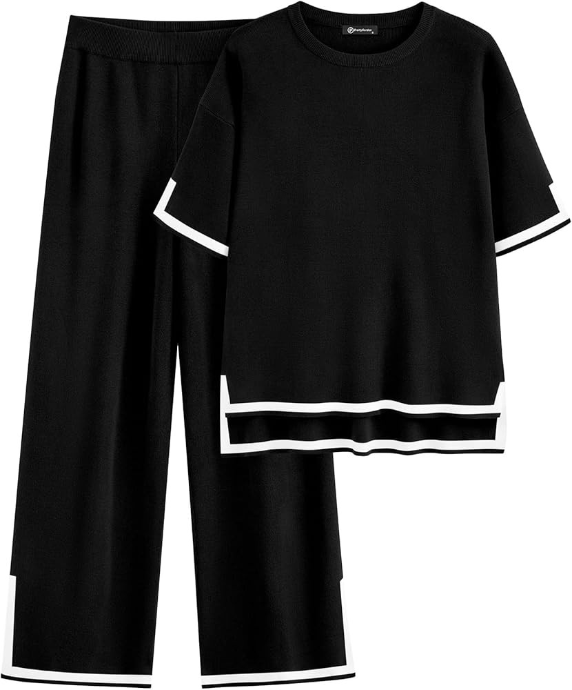 PRETTYGARDEN Womens 2 Piece Outfits Casual Short Sleeve Knit Sweater Tops Wide Leg Pants Lounge S... | Amazon (US)