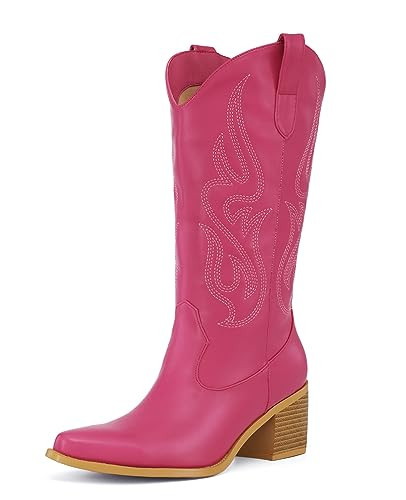 Pasuot Hot Pink Cowboy Boots - Mid Calf Cowgirl Western Boots with Embroidery, Pointed Toe Retro Chunky Heel Slip On Fashion Classic Short Boots Pull On for Ladies Summer Fall US 6.5 | Amazon (US)