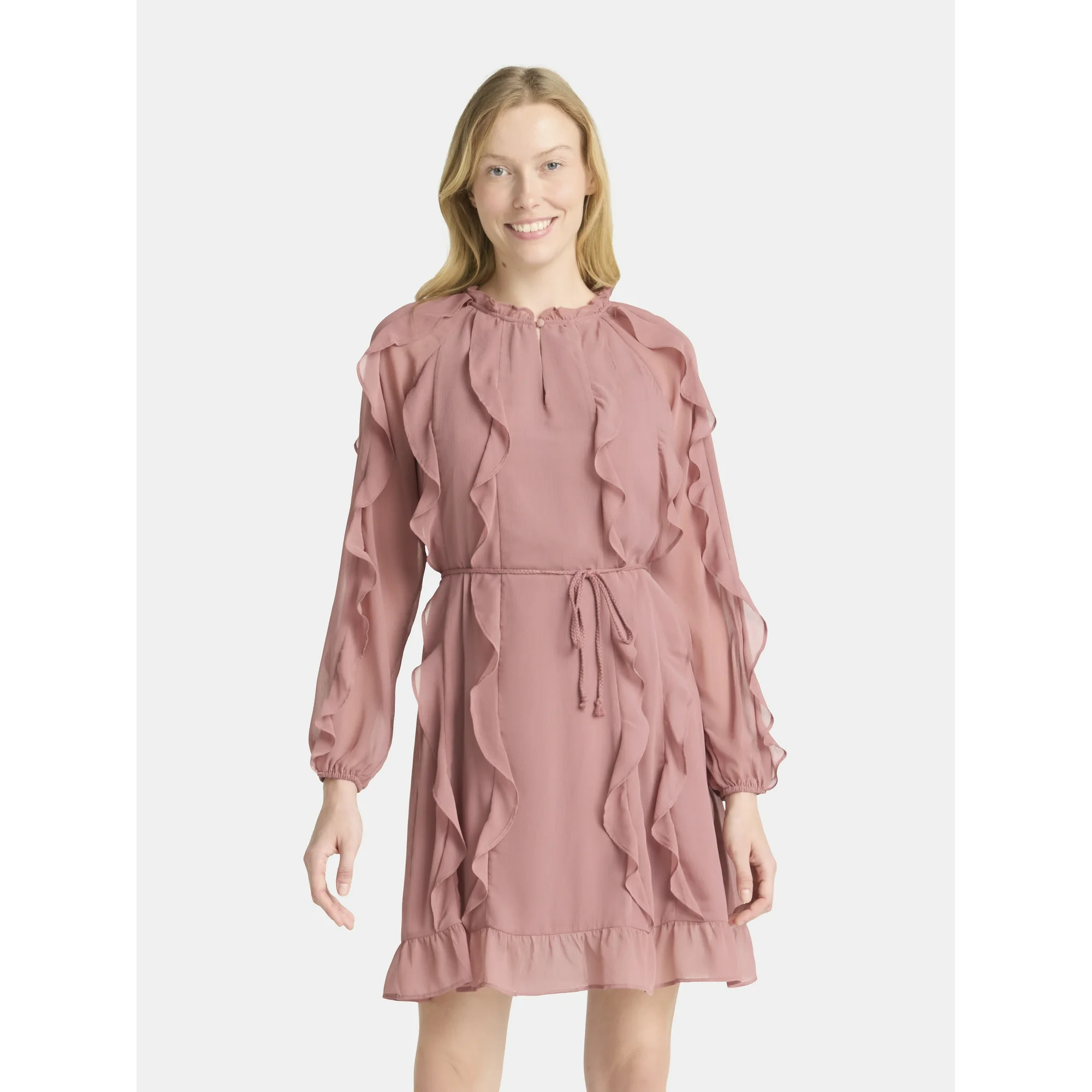 Time and Tru Women's and Women's Plus Belted Ruffle Mini Dress, Sizes XS-4X - Walmart.com | Walmart (US)