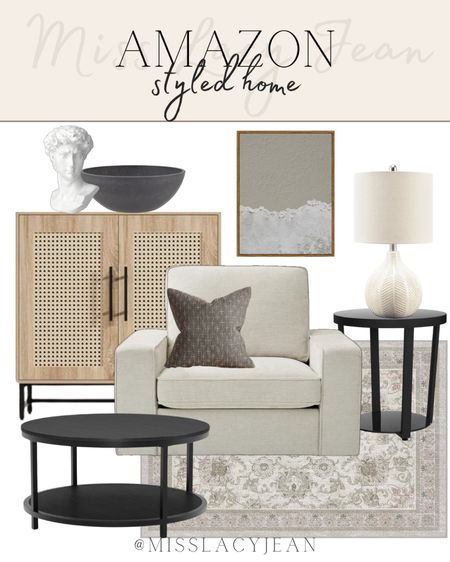Amazon styled home includes small cabinet, accent chair, throw pillow, side table, table lamp, area rug, coffee table, decorative bowl, Greek bust, wall art.
 
Neutral home decor, home design, styled home, looks for less 

#LTKhome #LTKstyletip #LTKfindsunder100