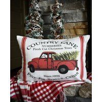 Christmas pillow cover, Christmas decor, Christmas Tree, Merry Christmas pillow, hand drawn, Vintage christmas,  red Christmas truck, 14x20 | Etsy (US)