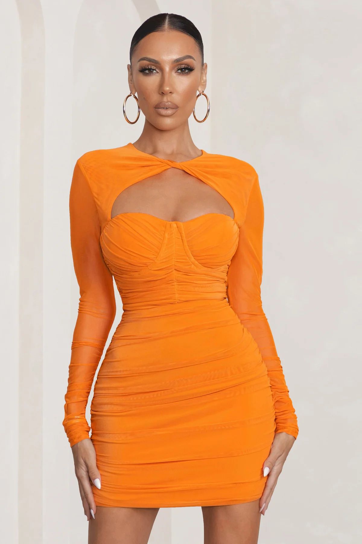 Daiquiri | Orange Cut Out Ruched Mesh Mini Dress With Long Sleeves | Club L London