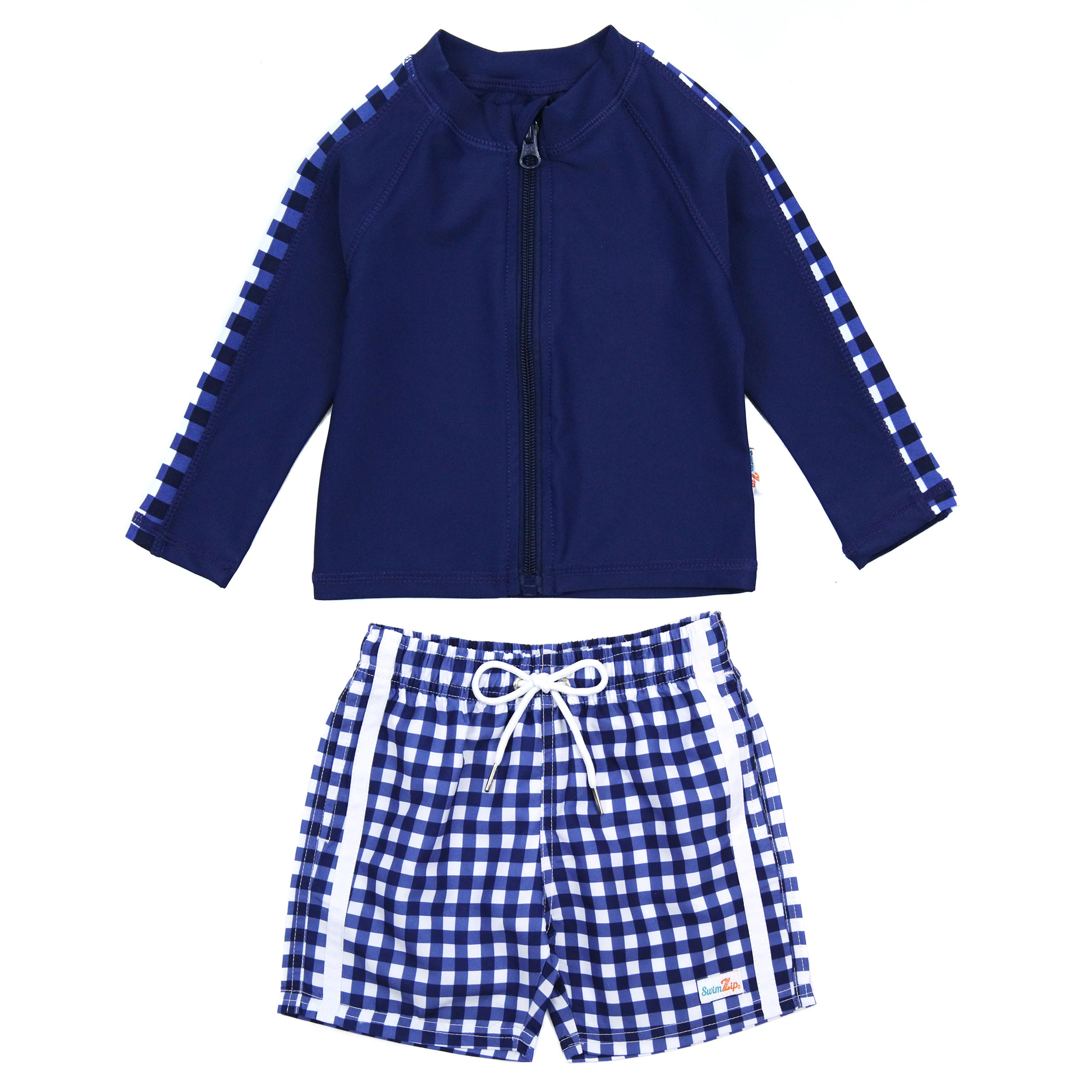 Boys Long Sleeve Zipper Rash Guard and Swim Trunk Set | "Navy Gingham" | SwimZip