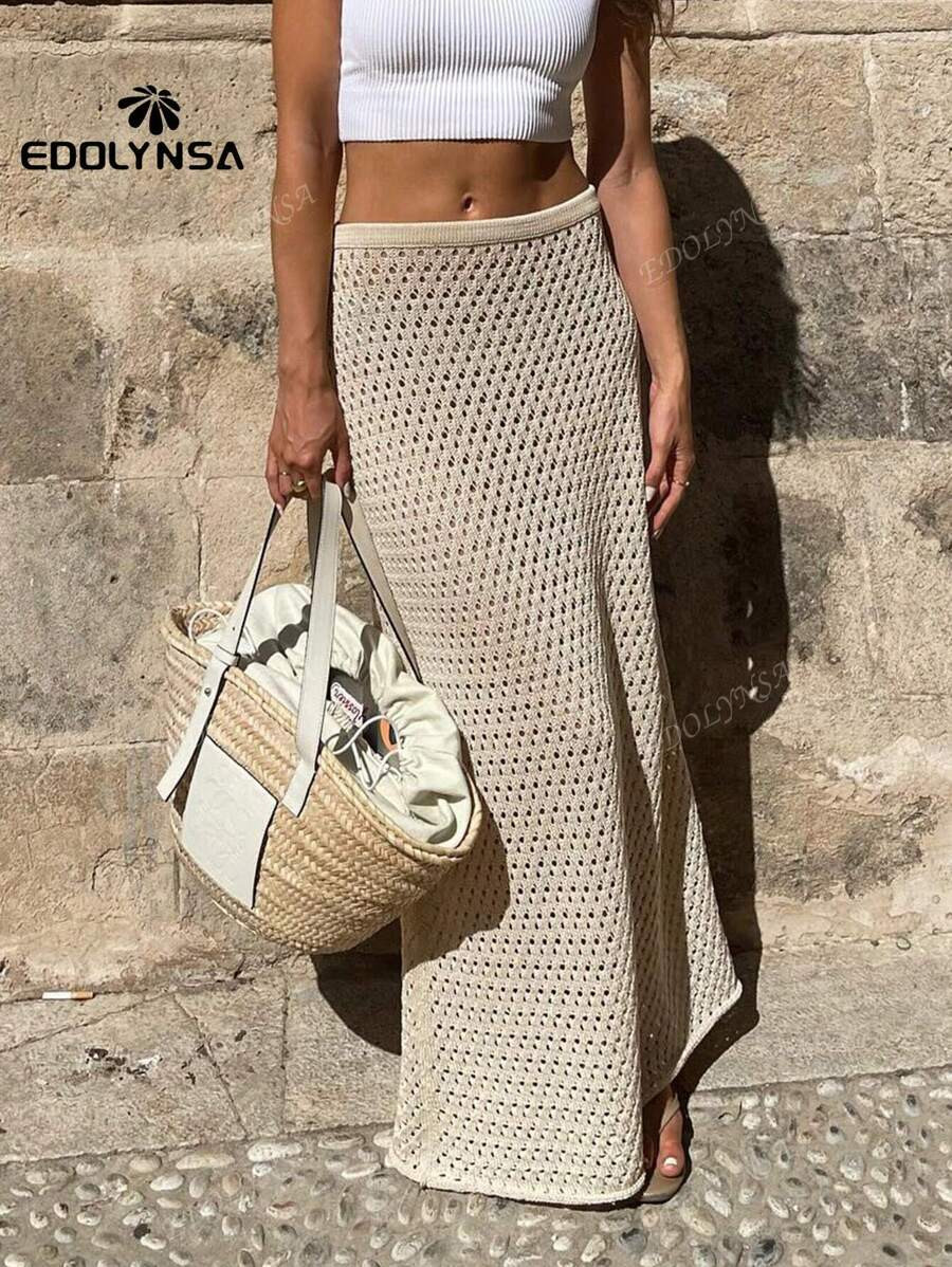 Solid Versatile Knit Beach Half Skirt 2025 Summer Swimsuit Bikini Cover Up | SHEIN