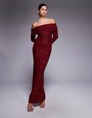 Kaiia – Exclusive – Schulterfreies, langärmliges Maxikleid aus Strick in Burgunderrot mit Pa... | ASOS (Global)