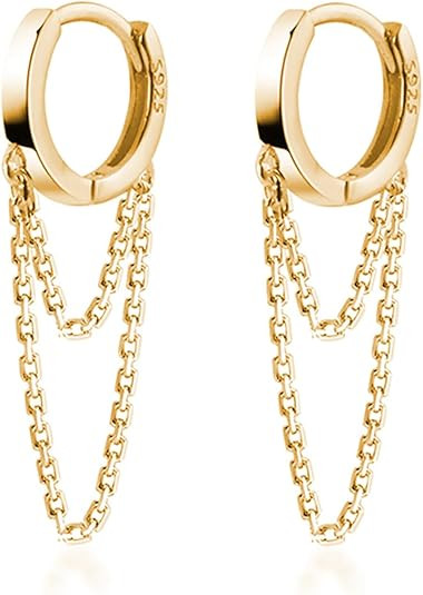 Reffeer Solid 925 Sterling Silver Tassel Chain Drop Dangle Small Hoop Earrings Huggie for Women T... | Amazon (US)
