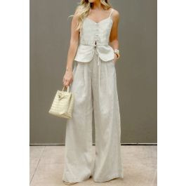 Button-Front Cotton Cami Top and Wide-Leg Pants Set in Linen for Workday & Afternoon Tea | Chicwish