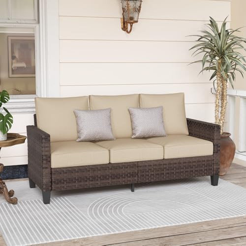 SUNSITT Outdoor Patio Couch Sofa, All Weather Wicker 3 Seater Couch, Outdoor Seating Patio Furniture Sofa with Beige Olefin Cushion for Balcony Porch Deck | Amazon (US)