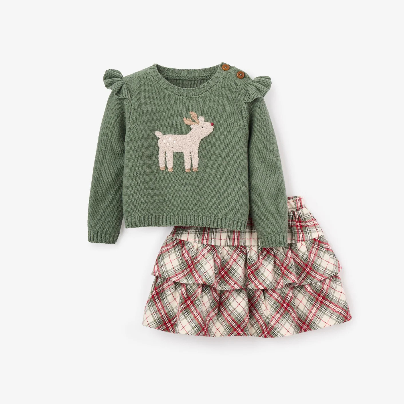 Reindeer Sweater + Winter Tartan Skirt Set | Elegant Baby