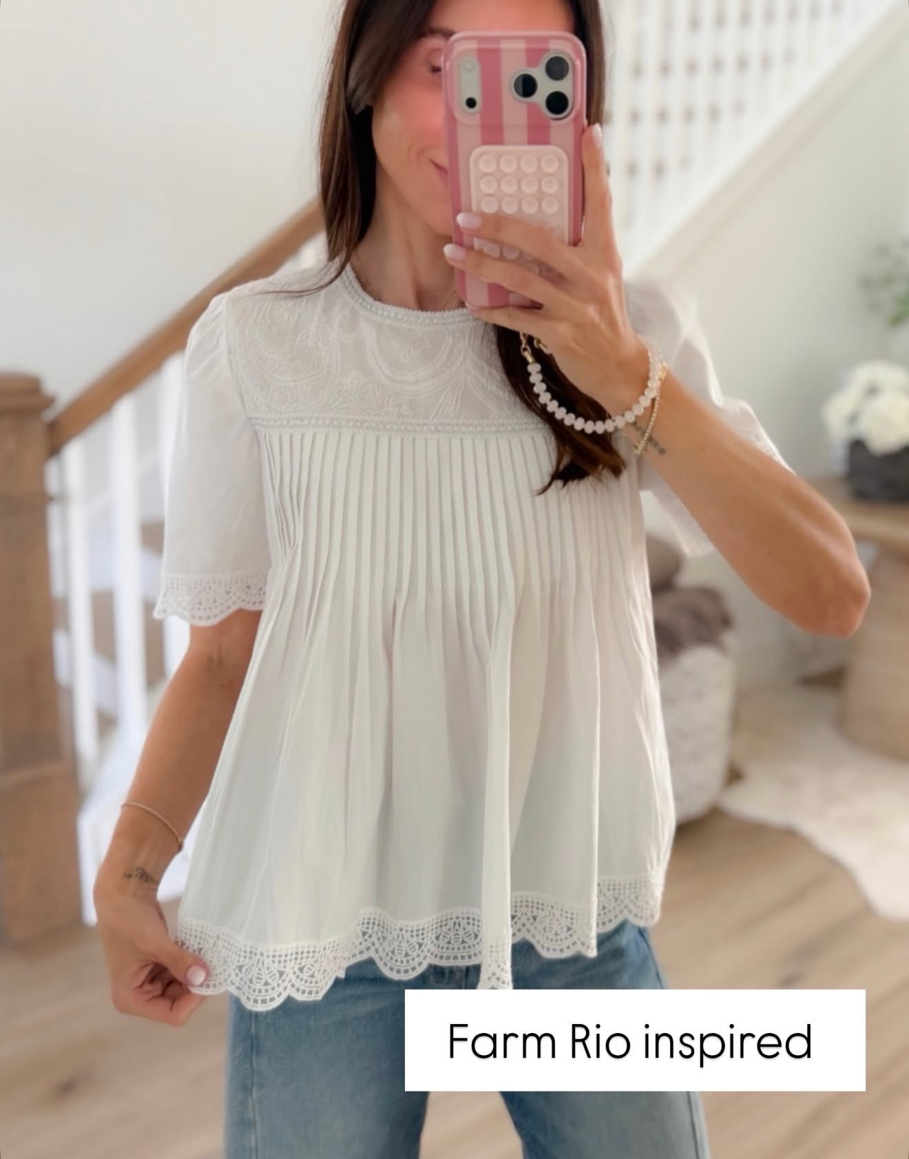 The lace and pleated details make this white top look so much more expensive than it is. Such a pretty Farm Rio inspired find to pair with denim now and layer into fall.

white lace top, Farm Rio inspired, feminine blouse, pleated top, lace blouse, casual outfit, denim outfit, fall fashion, transitional outfit, affordable fashion, annabrstyle

#LTKCon #LTKootd #LTKOver40