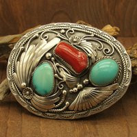 Beautiful Southwest Sterling Silver Turquoise & Large Coral Belt Buckle | Etsy (US)