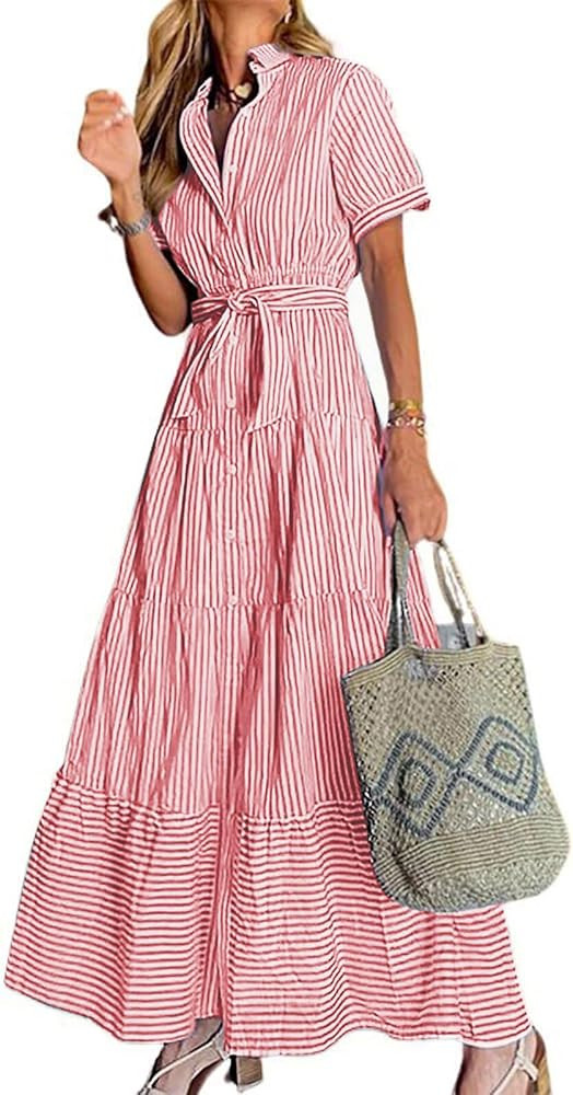 utcoco Womens Casual Short Sleeve Button Down Tie Waist Ruffled Striped Maxi Shirt Dress | Amazon (US)