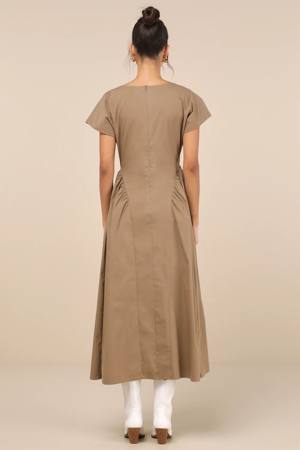 Modern Concept Khaki Short Sleeve V-Neck Midi Dress With Pockets | Lulus