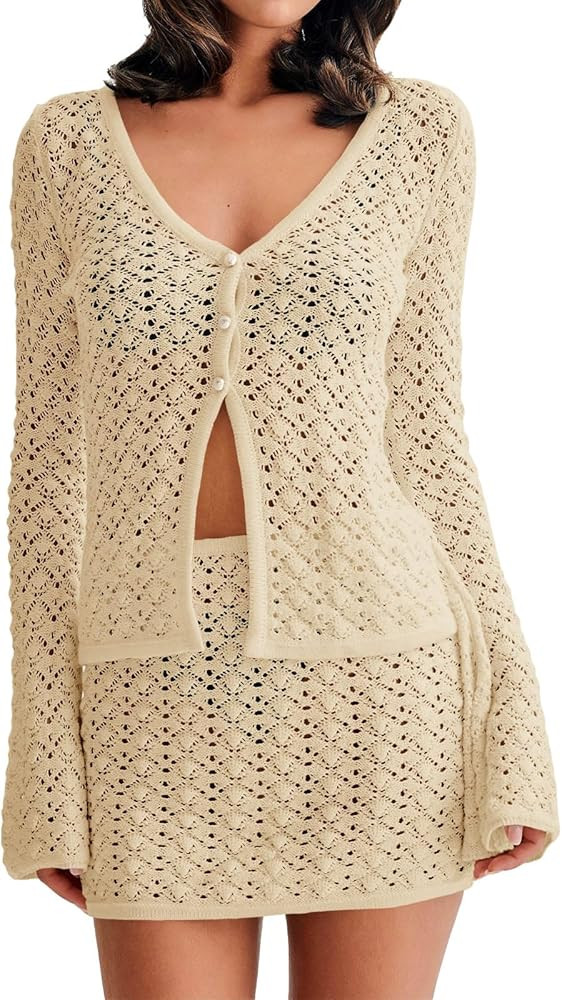 Fisoew Womens Crochet 2 Piece Cover Up V Neck Bell Sleeve Button Cardigan Sheer Mesh Beach Mini S... | Amazon (US)