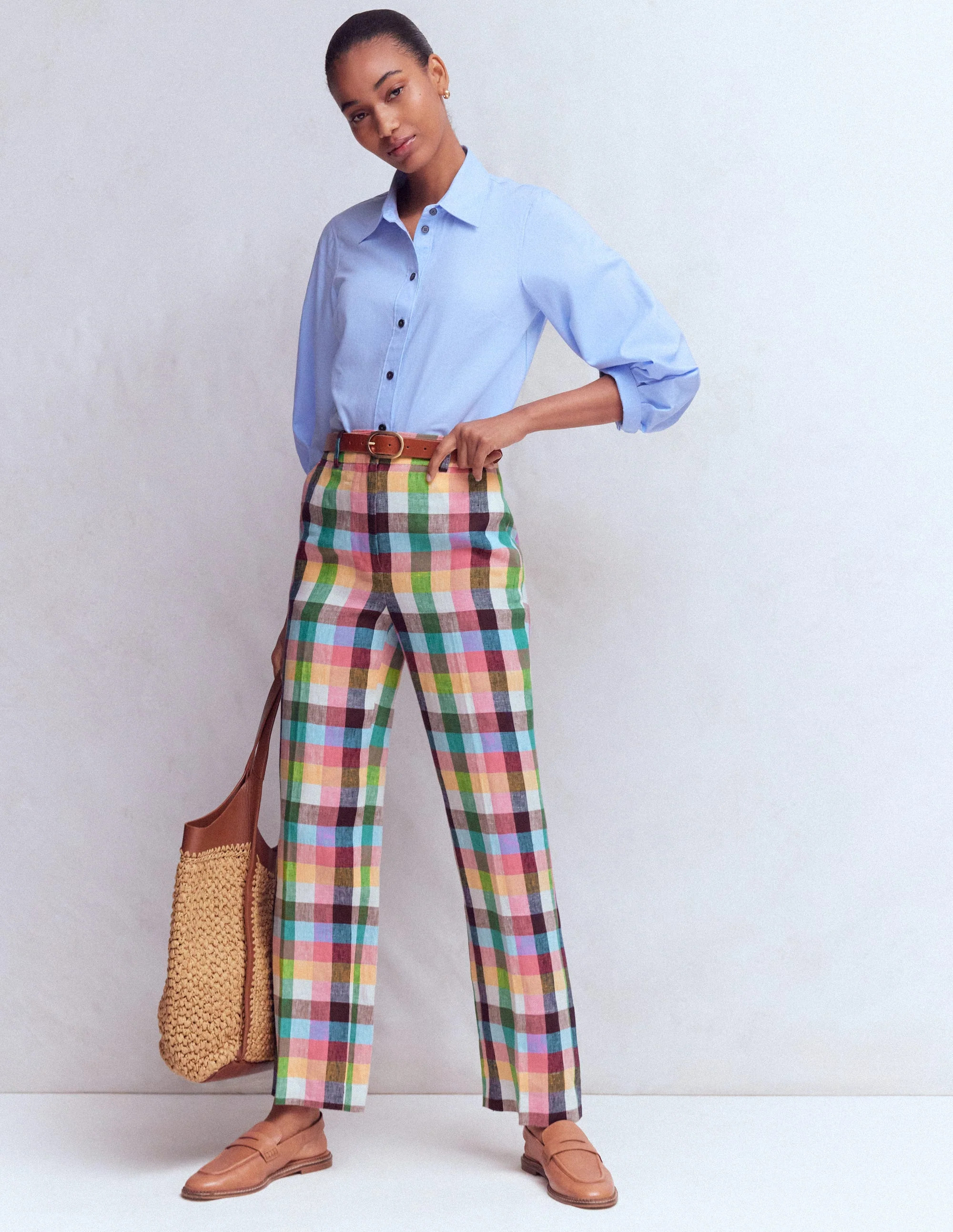 Canonbury 7/8 Linen Pants-Soft Yellow, Pink Multigingham | Boden (US)