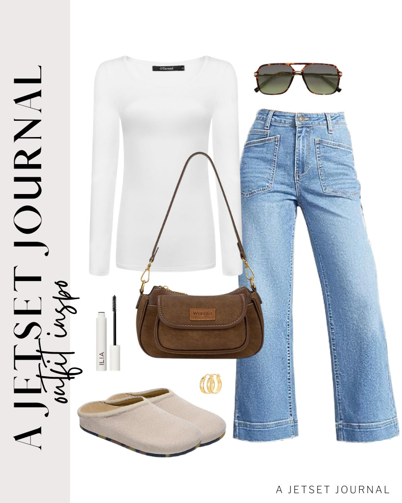A white long-sleeve tee with wide-leg jeans is a simple but stylish combination. Pair it with a Wrangler shoulder bag and Project Cloud Casual clogs. Wear these small hoop earrings and apply this ILIA mascara to finish the look. 

 #LTKSeasonal #LTKSaleAlert #LTKTravel
