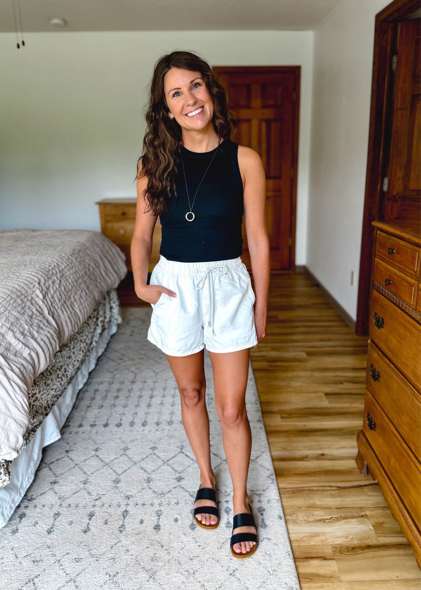 wearing xs in these white cotton/linen blend shorts. Loose and comfy and cute🤍🙌🏽 (they also come in a blue denim)

size small in my black tank, and 6 in my Reef sandals. I made my necklace so I linked similar.

small in my bra.

#LTKPetite #LTKmomlife #LTKgrwm