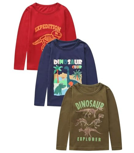 Boys Long Sleeve Tshirts Graphic Cotton Shirts Casual Tee Shirts Crewneck Tops for Boys 3 Pack Red Blue Brown Dino 5T | Amazon (US)