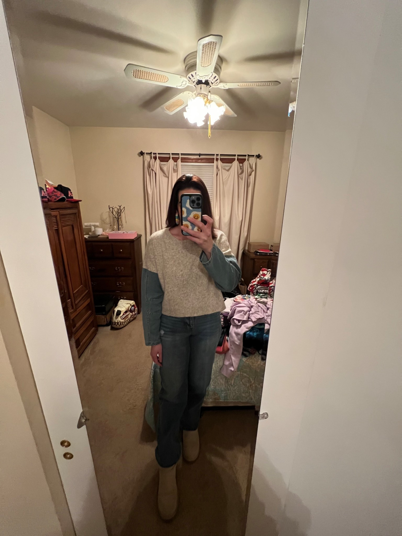 Denim sleeve crewneck sweater (small). Mid rise jeans (5). Mini Uggs (9). #sweater #crewnecksweater #denimsleevesweater #jeans #midrisejeans #uggs #miniuggs #winteroutfit 
winter capsule wardrobe 
winter denim 

#LTKFindsUnder100 #LTKFindsUnder50 #LTKSeasonal