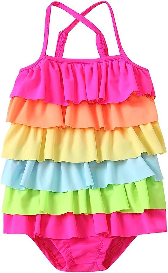 Infant Toddler Girl Swimsuit Rainbow Colorful Romper Sleeveless Bathing Suit Braces Ruched Summer... | Amazon (US)