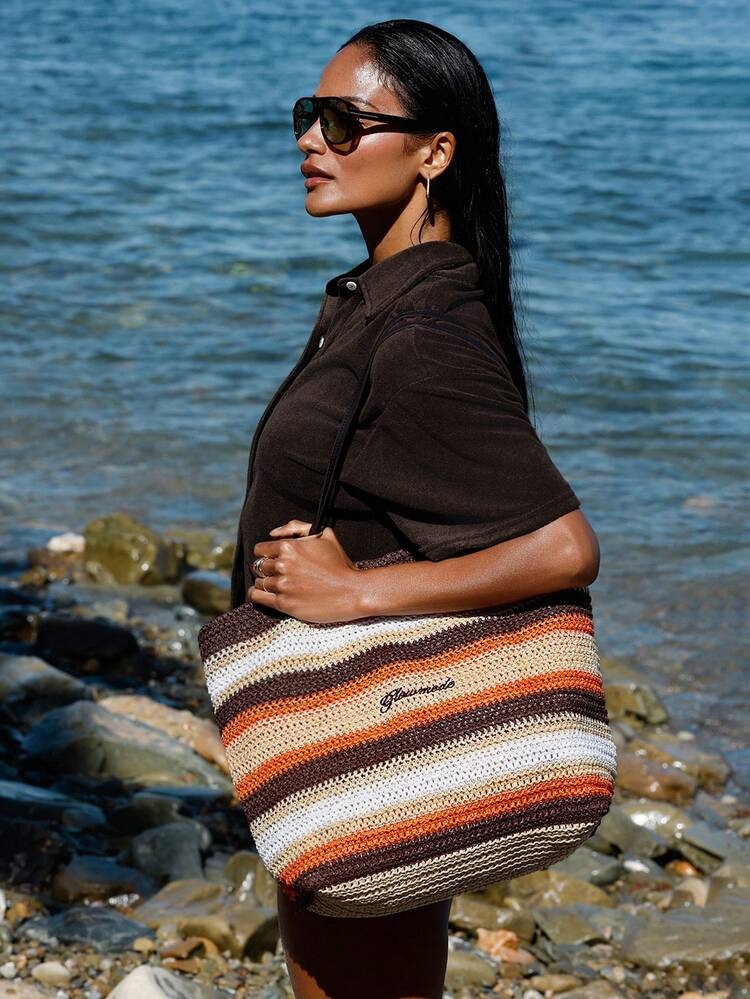 GLOWMODE Bolso De Playa Grande De 16L, Tejido De Papiro, Ligero Y Transpirable, Con Compartimentos Con Cremallera, Cierre Magnético, Bolsillo, Para Uso Diario, Casual, Al Aire Libre, Vacaciones, Playa | SHEIN