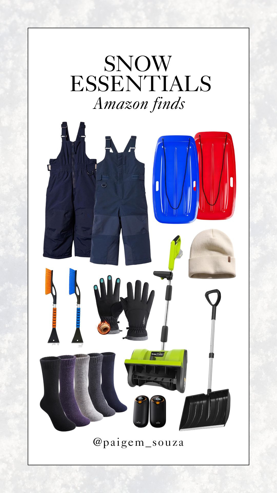 Snow essentials from Amazon ☃️

Kids snow bib, sled, shovel, Amazon shovel snow plow, car ice scraper, adult men and women’s gloves, hand warmers, beanie, wool socks, cold weather essentials, family snow day, Amazon home and fashion 
 

 #LTKSeasonal #LTKHome #LTKKids