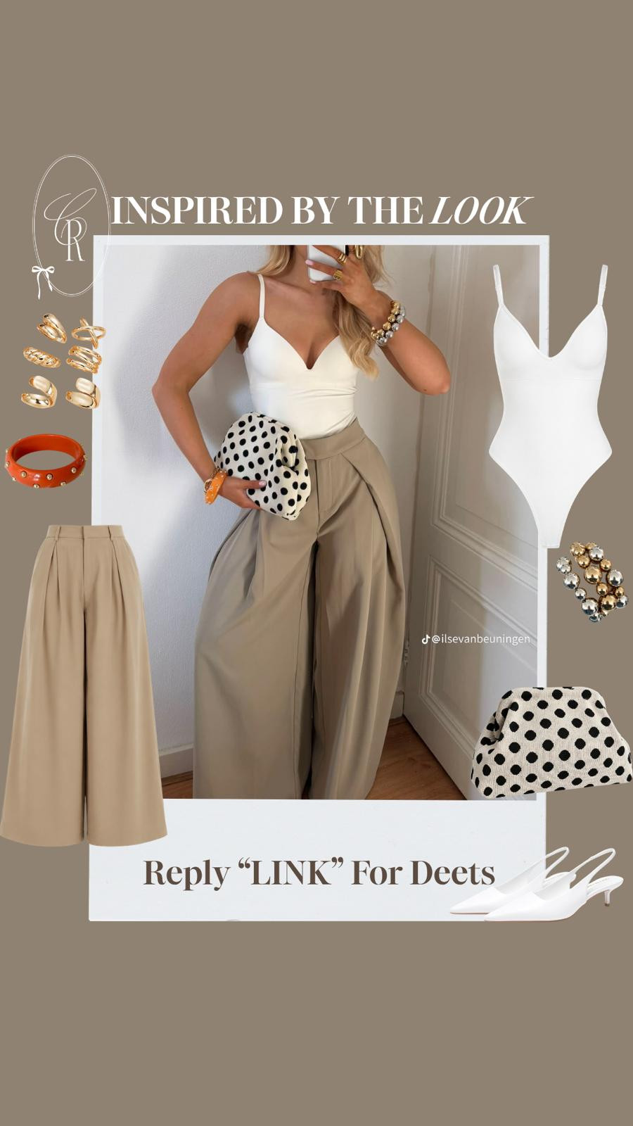 Obsessed with this neutral color palette. 🤍🤎

The structured trousers, sleek bodysuit, and playful polka dot clutch make this look feel both timeless and modern. 

 #LTKgrwm #LTKootd