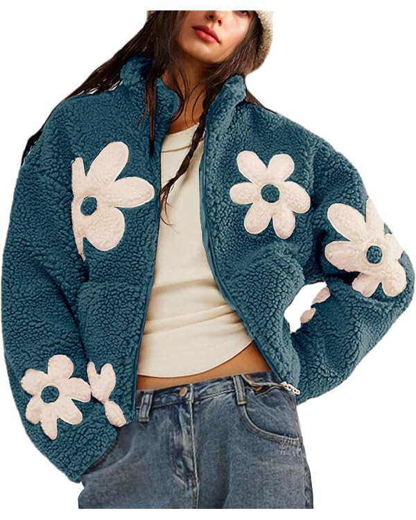 Maixang Womens Floral Print Sherpa Fleece Jackets Winter Zipper Cropped Coat Casual Long Sleeve O... | Amazon (US)