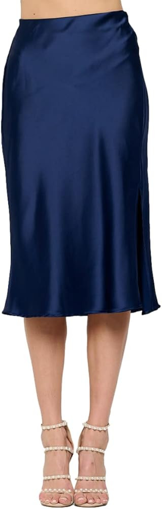 Women Solid High Waist Silky Casual Elastic Satin Midi Skirt -Made in USA (Available in Plus Size... | Amazon (US)