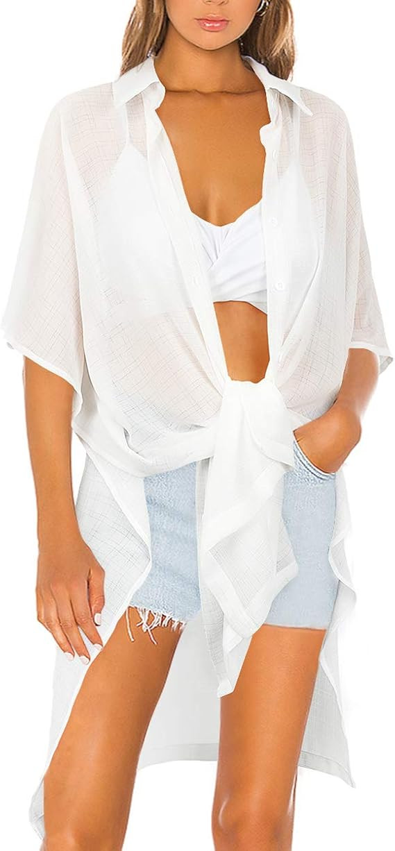 KUNISUIT Women's Summer Beach Cover Up Casual Chiffon Button Front Kimono | Amazon (US)