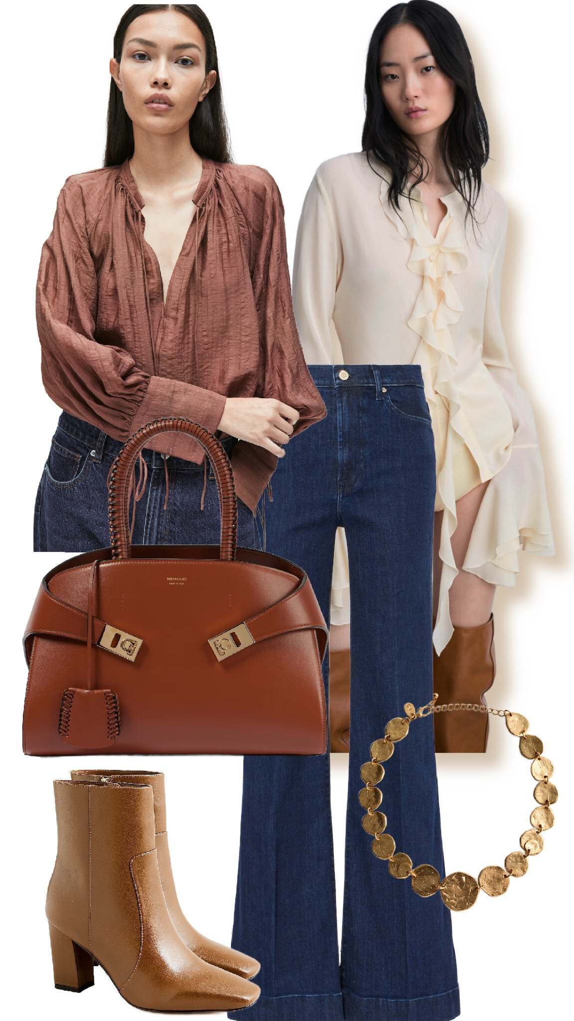 POV: Boho-chic style goes best in fall season pieces: a flowy, ruffled top in earth tones (as seen in Chloe Fall’24), navy flare jeans, a Ferragamo bag (such an investment piece), styled with gold coin necklaces. #BohoChic #Bohostyle #Falloutfits #ZETxLTK 

#LTKItBag #LTKStyleTip #LTKSeasonal