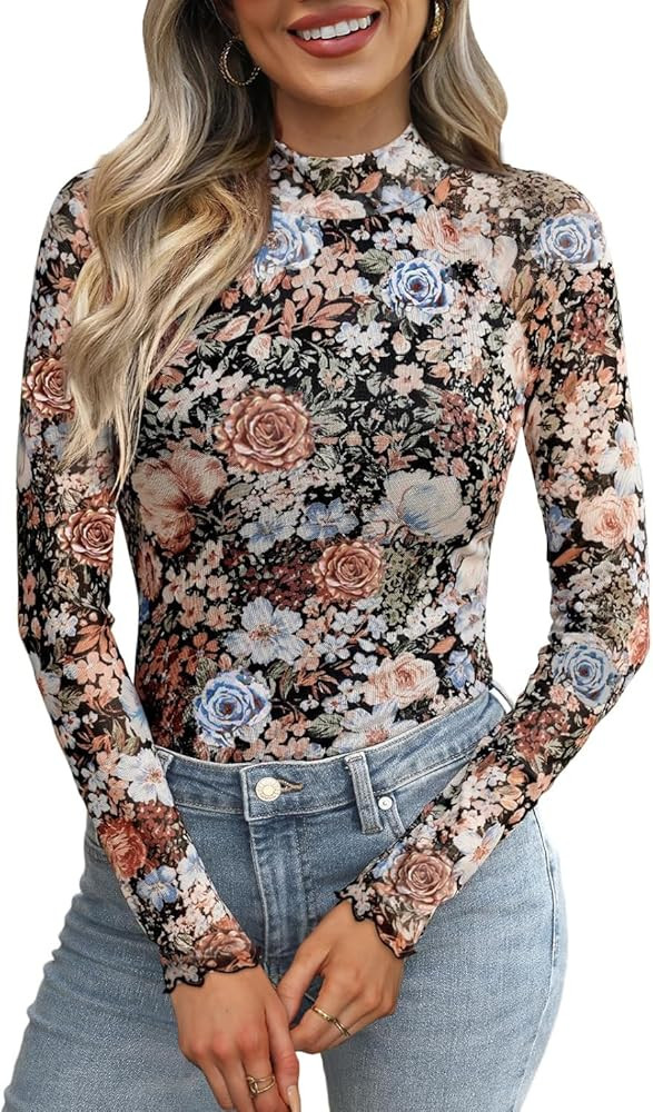 OFEEFAN Womens Long Sleeve Mesh Top See Through Mock Neck Sheer Blouses | Amazon (US)