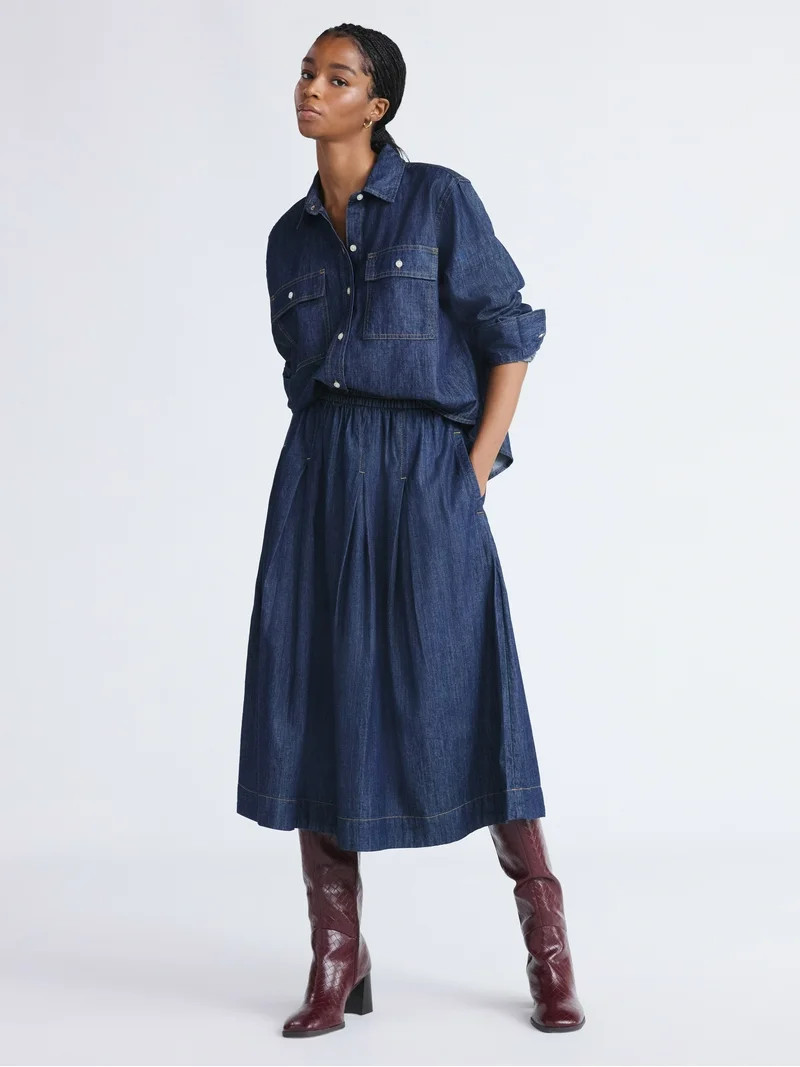 Free Assembly Women's Pull On Pleated Denim Maxi Skirt, Sizes XS-XXL | Walmart (US)