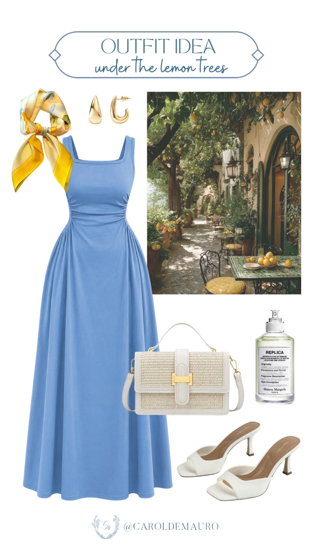 summer outfit, under the lemon tree, maison margiela, replica, blue dress, cinch waist dress, summer dress, silk scarf, chunky hoop earrings, kitten heels, whhite handbag, dressy casual look, feminine outfit, petite fashion, amazon fashion

#LTKootd #LTKPetite #LTKU