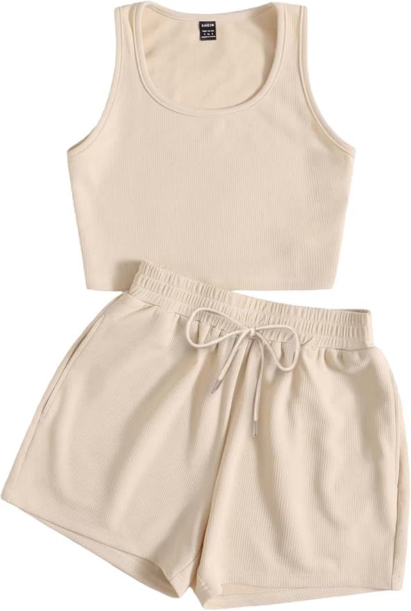 SheIn Women's 2 Piece Sleeveless Crop Tank Tops Elastic Waist Shorts Lounge Set Pajama Set | Amazon (US)