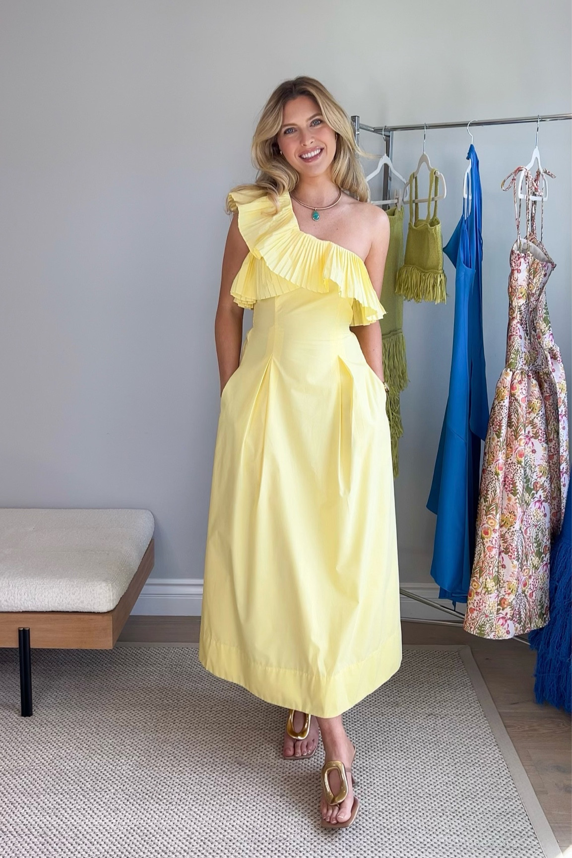 Butter yellow for the summer! Perfect for a summer coastal wedding. One shoulder ruffle linen dress.