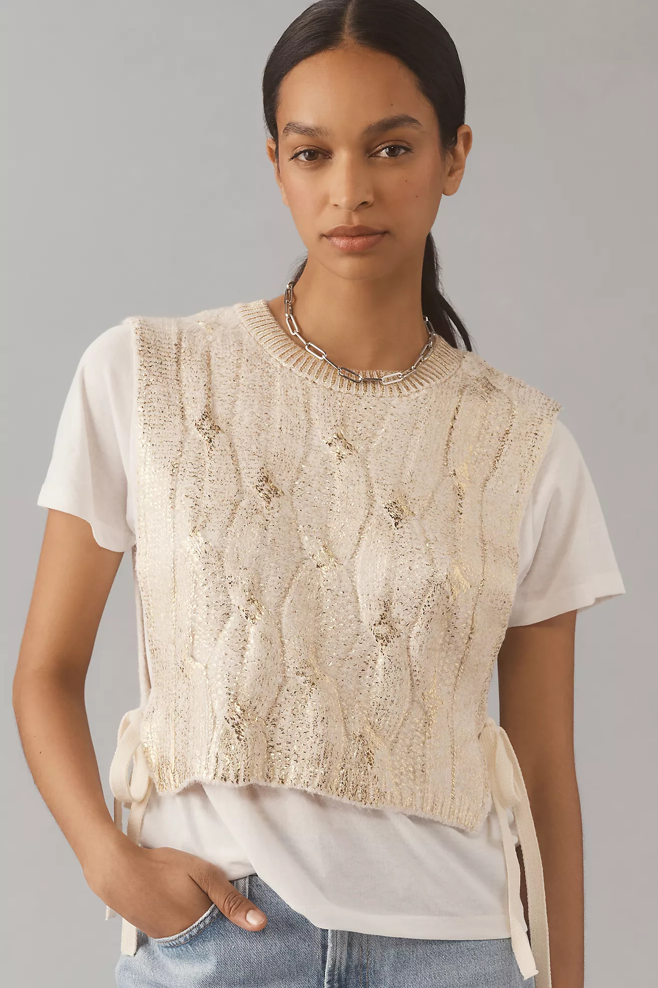 Pilcro Short-Sleeve Cable-Knit Twofer Sweater | Anthropologie (US)